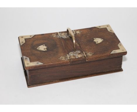 Oak and brass hinged box containing playing cards 24.5cm wide 