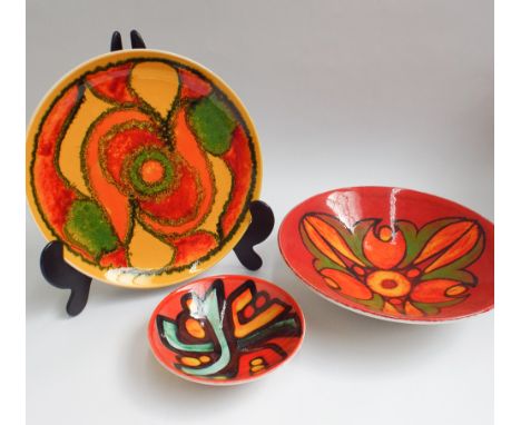 3 pieces of Poole Studio Delphis Pottery including bowl 26.5cm in diameter, smaller bowl and a plate 