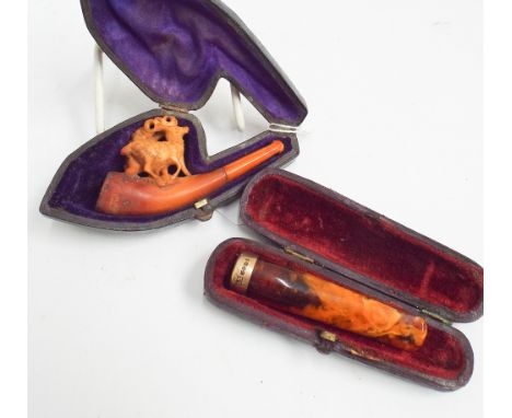 Carved Meerschaum pipe with stag mount and amber and 12 carat gold mounted cheroot holder, both in fitted cases   Both in goo