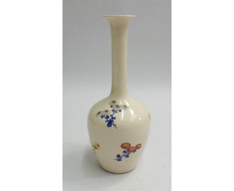 Edo period vase, cream ground with enamel decoration of Chrysanthemum flowers, under glazed blue leaves.  6 Character mark to