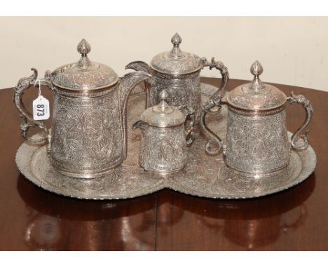 4 piece Indian silver plated on copper tea service on a clover leaf shaped tray 