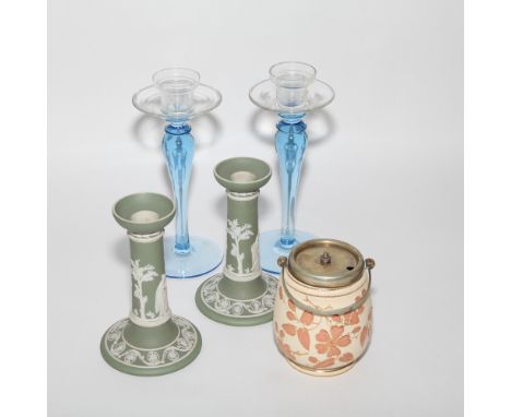 Pair of art nouveau blue stemmed glass candlesticks, a pair of Wedgwood green jasper candlesticks, terracotta tapestry preser