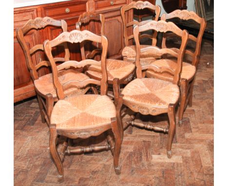 Set of 6 French ladder back dining chairs with rush seats 