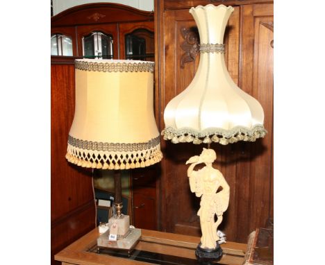 Onyx and brass table lamp with shade and a Chinese figure table lamp (failed test - cables removed)