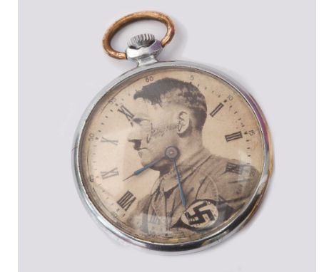 Gents vintage pocket watch with subsidiary seconds dial inset with portrait depiction of Adolf Hitler in chrome plated case 