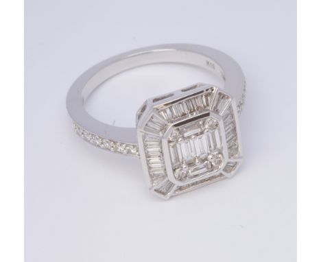 Large modern 18ct white gold diamond cluster ring set in rectangular panel with brilliant baguette cut diamonds Ring size N