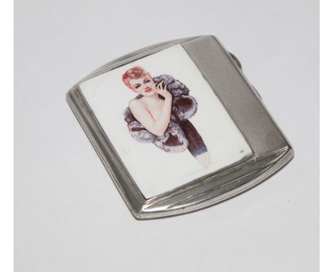 Hallmarked silver engine turned cigarette case with applied enamel depicting scantily clad female with fur stole 