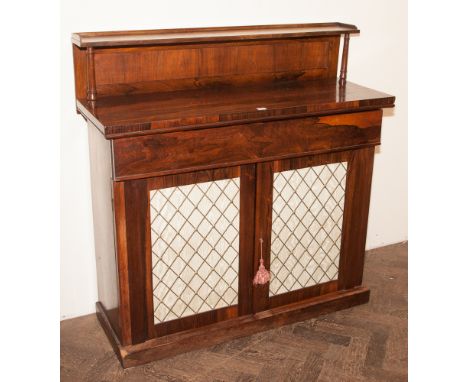 Regency rosewood chiffonier with brass grill doors, fitted one long drawer and shelf back 45" wide 