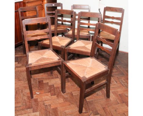 Set of 8 French oak ladder back style dining chairs with rush seats 