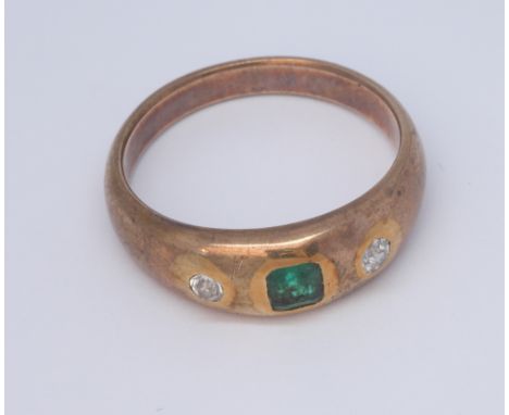 Victorian 3 stone emerald and diamond gypsy ring - weight 5.4g   Emerald has chips to surface of stone.