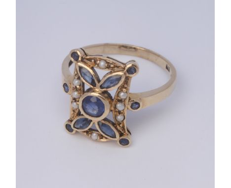 Victorian style seed pearl and Sapphire plaque design dress ring in 9ct gold Ring size N