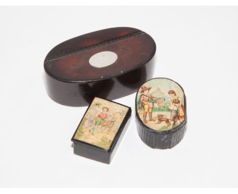 Oval snuff box, the lid inlaid with silver panel and 2 small papier mache snuff boxes 