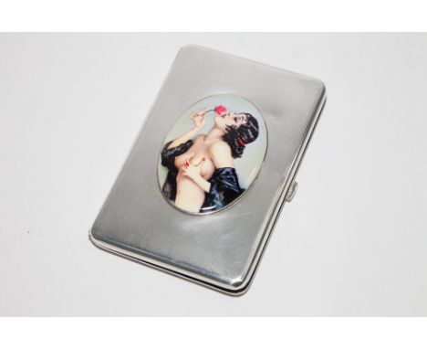 Large engine turned silver cigarette case with applied oval enamel to the lid of a risque female  Condition - enamel is scrat