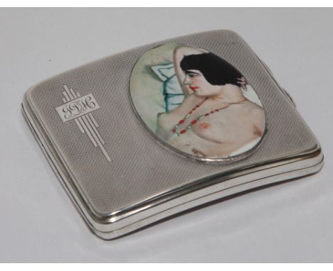 Hallmarked silver engine turned cigarette case with applied enamel depicting a nude to the lid 