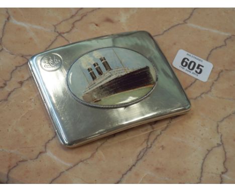 Silver cigarette case engine turned decoration with applied oval plaque depicting a steamer ship engraved with initials AA ha