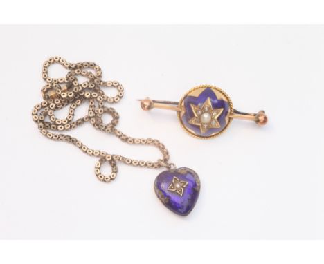 Victorian bar brooch decorated with a domed panel of blue enamel, half pearl and rose cut diamond in target style setting tog