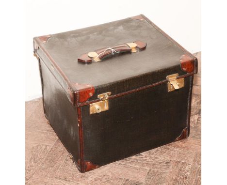 Square vintage travelling trunk with leather bound edges and brass fittings - apx 16" x 18"