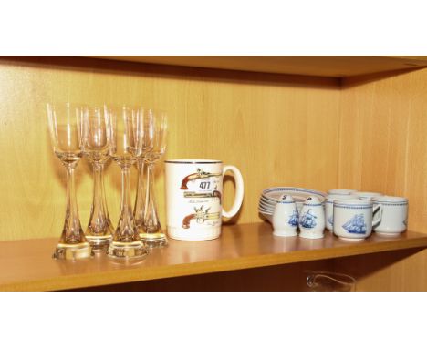 Bow decorated coffee cups and saucers, salt and pepper pots, Palissy tankard and 6 long stemmed wine glasses 