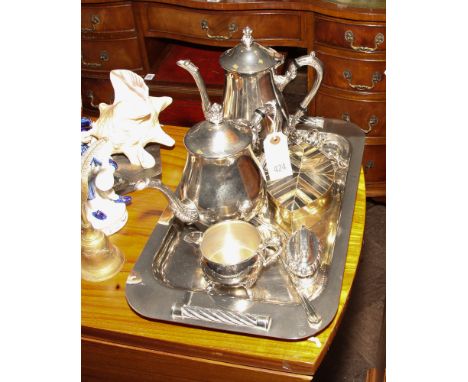 Plated tray, 3 piece tea set, napkin rings, lighter, trinket box etc. 