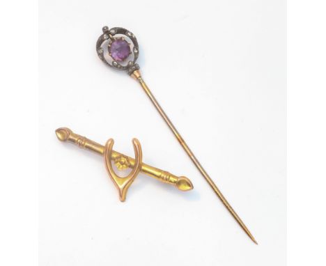 Victorian rose cut diamond and amethyst stick pin brooch in fitted case and a 9ct gold wishbone designed bar brooch