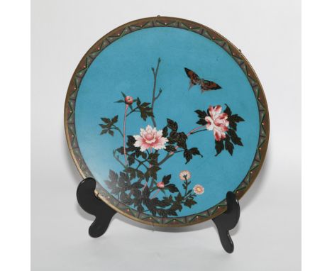 Chinese cloisonne enamel charger wall plate decorated with flowers and butterflies, 12 " diameter