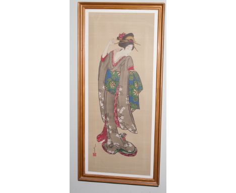 Large Japanese print on silk of a Geisha lady.  Overall height 119cm x 50cm 