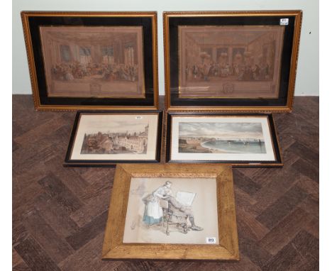 2 pairs of prints and a water colour sketch of a couple.  Sketch approx 28cm square 