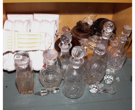 Various glass decanters, vase stands, decanter stoppers, wall brackets etc. 