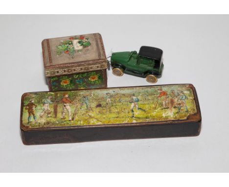 lacquer rectangular pen box, the lid decorated with a cricket scene, vintage sewing needle box and a novelty tape measure mod