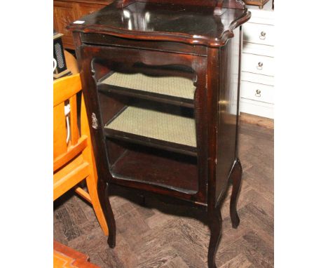 21" Edwardian dark walnut glazed music cabinet with small mirror and shelf back 