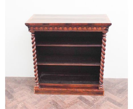 3' Regency rosewood open shelf unit with cross banded and barley twist columns 