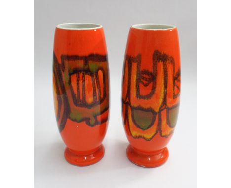 Pair of Poole Studio Delphis Pottery vases on orange ground 22cm high 