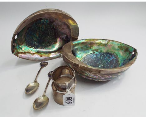 Pair of large Abalone shells with silver mounts, Birmingham 1906 one a/f, 18cm wide, 2 silver commemorative spoons with ename