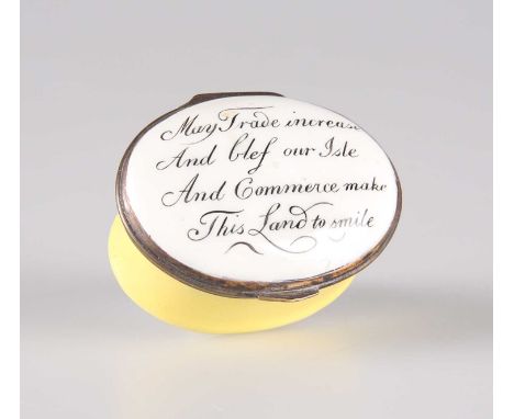 A BILSTON ENAMEL PATCH BOX, CIRCA 1780 oval, the hinged cover inscribed 'May Trade increase And bless our Isle / And Commerce