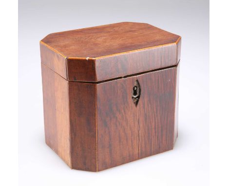 A GEORGE III MAHOGANY TEA CADDY rectangular with canted corners, the interior with inner cover. 13cm wide