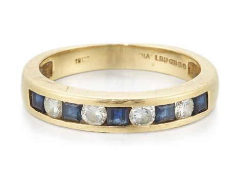 AN 18 CARAT GOLD SAPPHIRE AND DIAMOND HALF HOOP RING four round brilliant-cut diamonds spaced by calibré-cut sapphires in a c