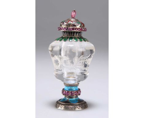A FINE VIENNESE ROCK CRYSTAL, RUBY AND ENAMEL SCENT BOTTLE, SECOND HALF OF 19TH CENTURY indistinctly marked, the silver base 