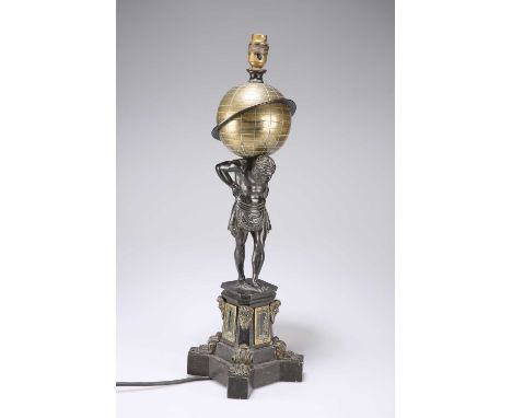 A WILLIAM IV BRONZE LAMP, MODELLED AS ATLAS, ATTRIBUTED TO THOMAS MESSENGER adapted for electricity. 54cm high overall