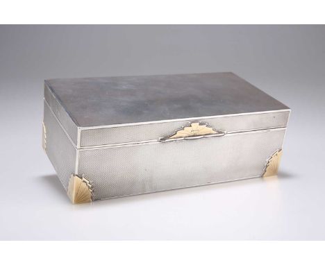 AN ART DECO SILVER AND GOLD CIGARETTE BOX by Walker &amp; Hall, Sheffield 1934, engine-turned, 9ct gold hallmarked fan corner