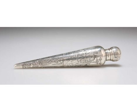 A VICTORIAN ENGRAVED SILVER SCENT FLASK, IN THE MANNER OF KATE GREENAWAY by Sampson Mordan II, London 1884. 14cm long, 1.1 tr