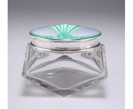 A GEORGE V SILVER AND GUILLOCHÉ ENAMEL-TOPPED GLASS POWDER JAR by William Hutton &amp; Sons, Birmingham 1929/1930, the square