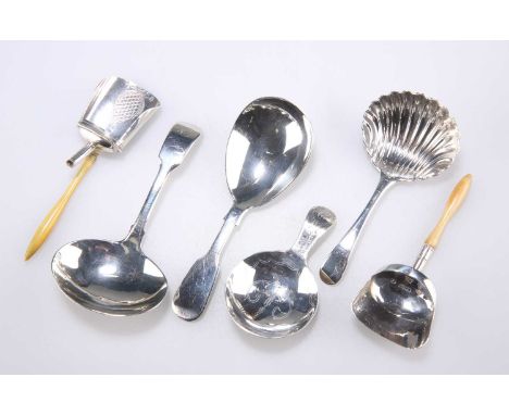 SIX VARIOUS SILVER CADDY SPOONS, GEORGE III AND LATER including a George III example by John Lambe, London 1785, with shell-f