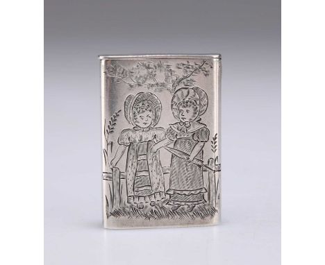 A VICTORIAN SILVER VESTA CASE IN THE STYLE OF KATE GREENAWAY by Sampson Mordan II, London 1882. 4cm high, 0.43 troy ouncesKat