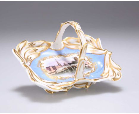 A CHAMBERLAIN'S WORCESTER MINIATURE BASKET painted with a river landscape within a gilt scroll cartouche, script Worcester ma