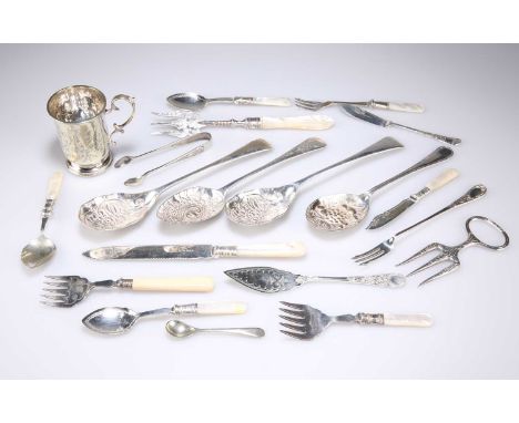 A MIXED GROUP OF SILVER-PLATED ITEMS, LATE 19TH/EARLY 20TH CENTURY including mother-of-pearl handled flatware; an engraved ch