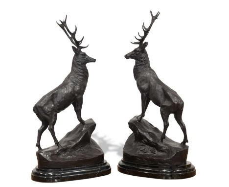 AFTER MOIGNIEZ, A LARGE PAIR OF BRONZE STAGS each cast standing on a rock outcrop, raised on marble bases. (2) 75cm highModer