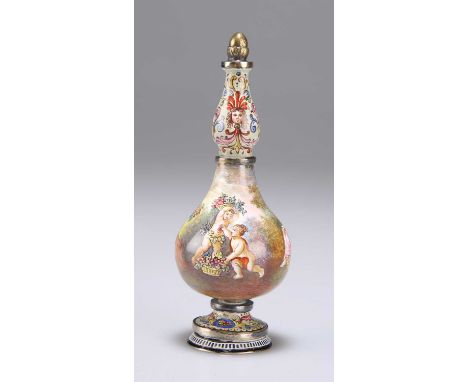 A VIENNESE ENAMEL SCENT BOTTLE, CIRCA 1890 the bulbous body decorated with putti and other Classical figures. 10.5cm high