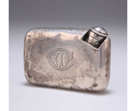 A VICTORIAN SILVER SPIRIT FLASK OF UNUSUAL FORM by Henry William Dee, London 1879, rounded rectangular, slightly shaped for t