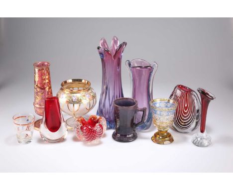 A COLLECTION OF 19TH CENTURY AND LATER GLASS including a bohemian "portrait" ruby glass vase, a secessionist gilded and ename