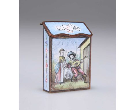 A 19TH CENTURY FRENCH ENAMEL VESTA CASE with hinged sloping cover, decorated with figures. 4.7cm high